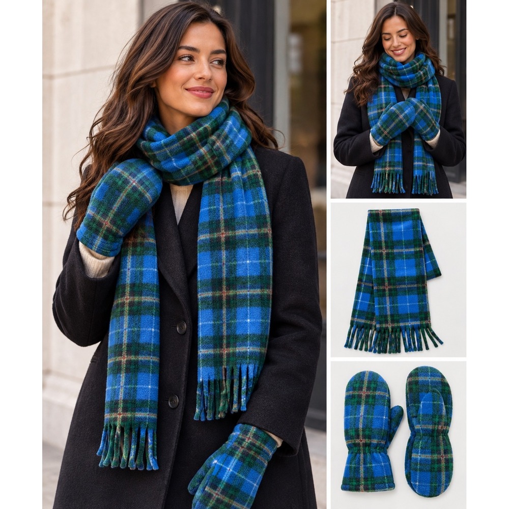 Blue Green Plaid Fleece Scarf & Mitten Winter Set
